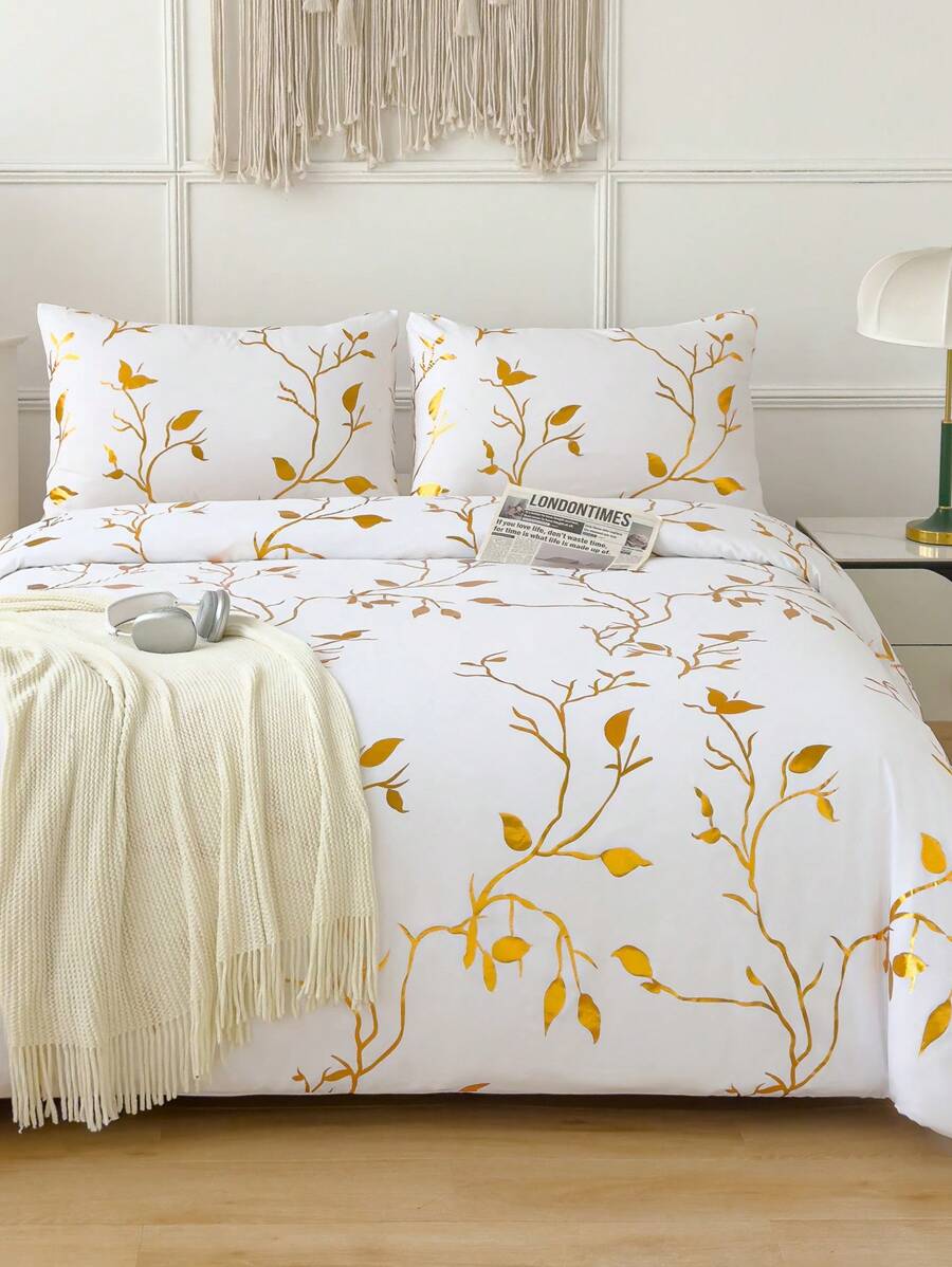 Ensemble de housse de couette style doré doux - Meilleur 2/3 pièces Ensemble de couette matelassée - Comprend 1 housse de couette et 1/2 taie d'oreiller - Abordable et de haute qualité pour lit simple, double, queen et king. Couette en métal doré et brillant, ensemble de draps