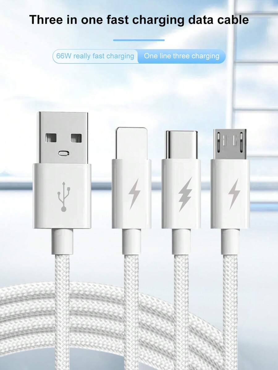 1pc 3-In-1 Braided Fast Charging Cable, Universal For Smartphones, Compatible With Apple, Android, And Type-C, Brand New Minimalist Solid Color Design