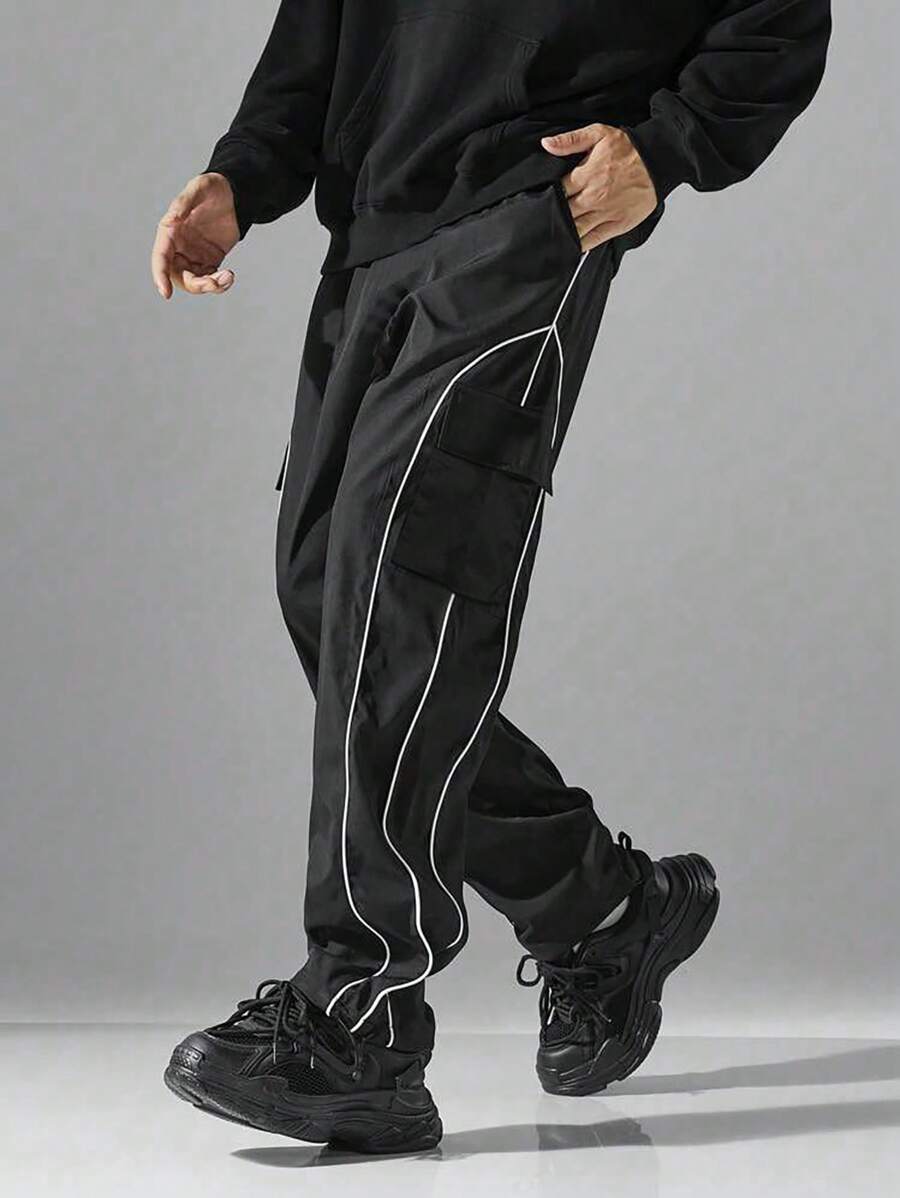 1 pièce Pantalon cargo ample droit avec rayures latérales pour garçons et adolescents, style décontracté, adapté pour l'entraînement et l'extérieur, idéal pour le printemps/l'été/l'automne