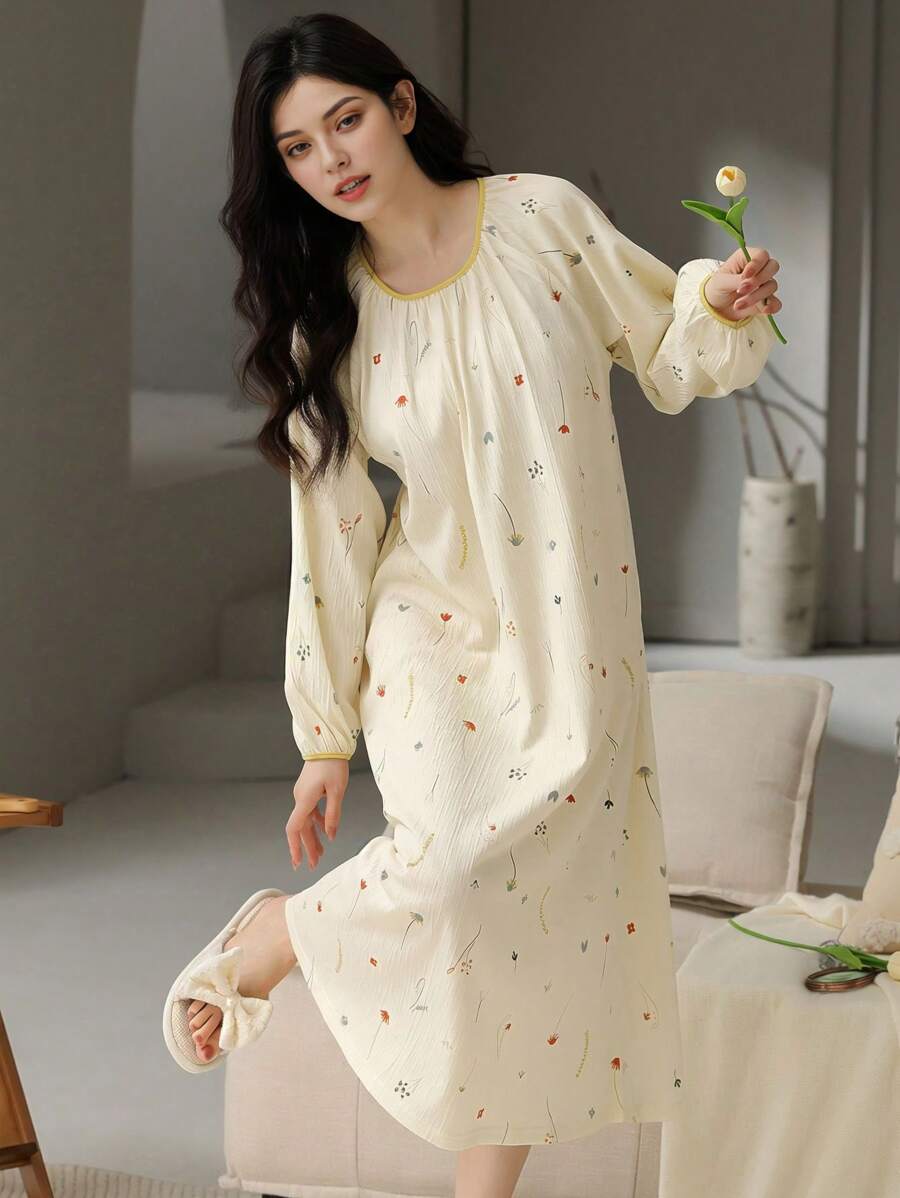 1 pieza Camisón de mujer sencillo y casual, holgado, de manga larga, ropa de casa, pijama bata, adecuado para usar en casa en primavera/otoño, vacaciones