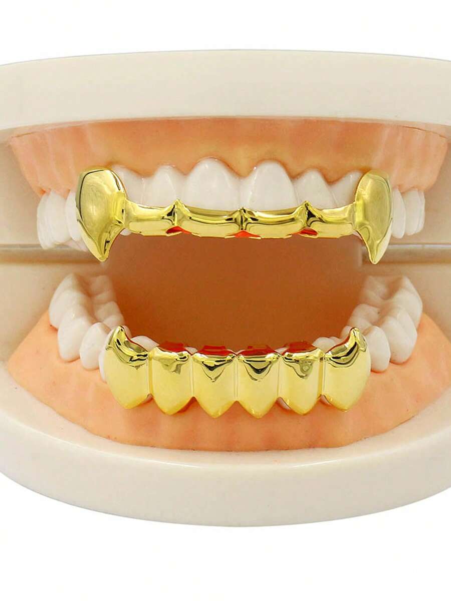 Gold Silver HIP HOP Teeth Grillz Top & Bottom Grills Set With Silicone Real Shiny Vampire Tooth Sets