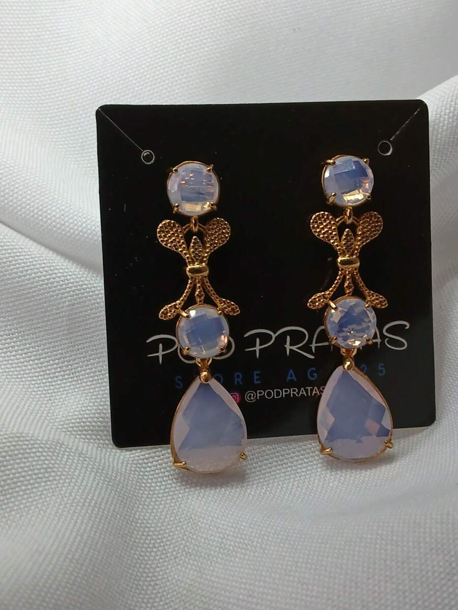 Brinco Festa Luxo Pedras Cristais Cravejadas ( Ouro 18K )