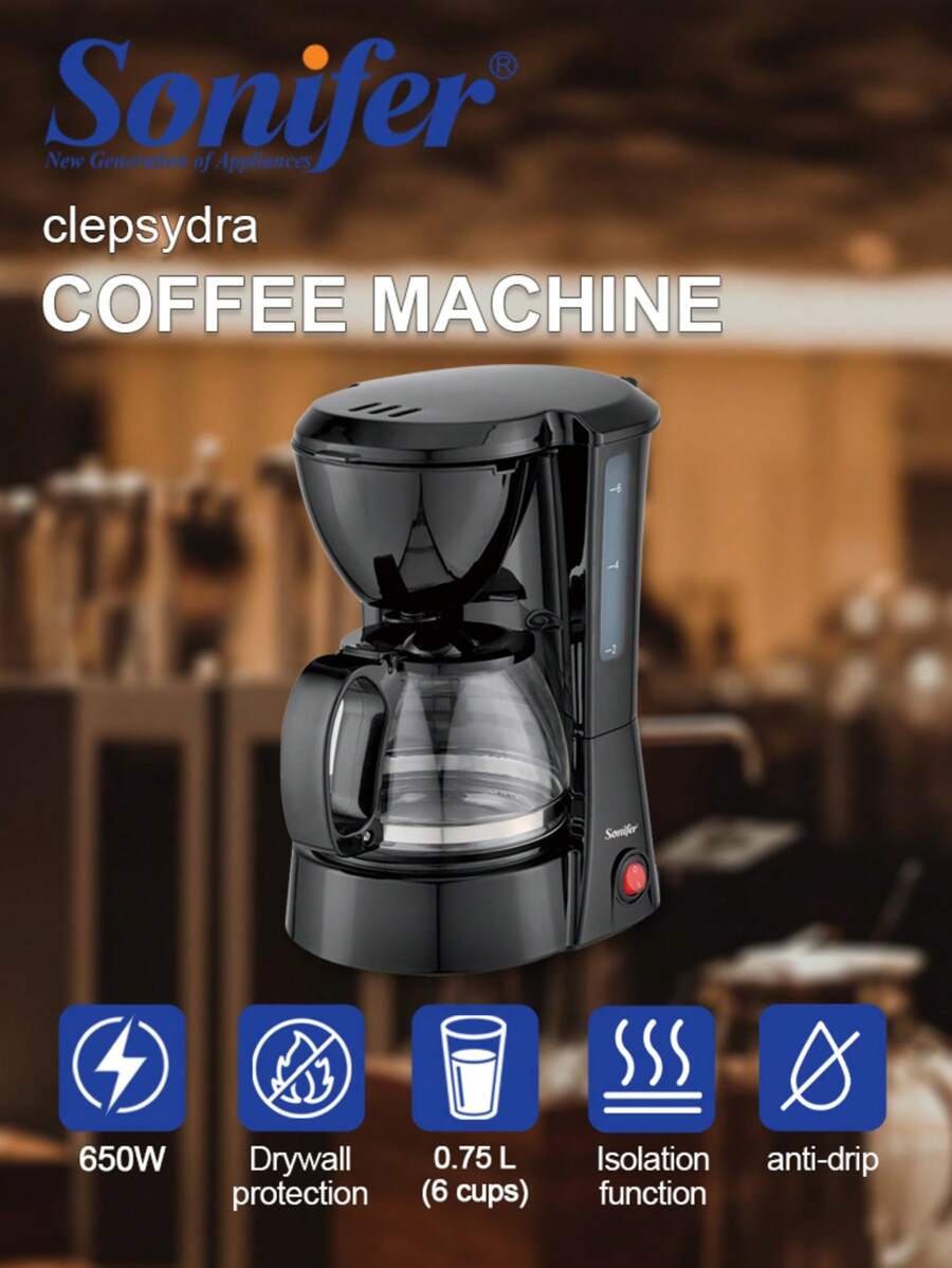SONIFER Sonifer Tropf-Kaffeemaschine Americano 0,75L Glaskanne 6 Tassen, Warmhaltefunktion, Überhitzungsschutz, Kontrollleuchte, Wasserfenster, 650W