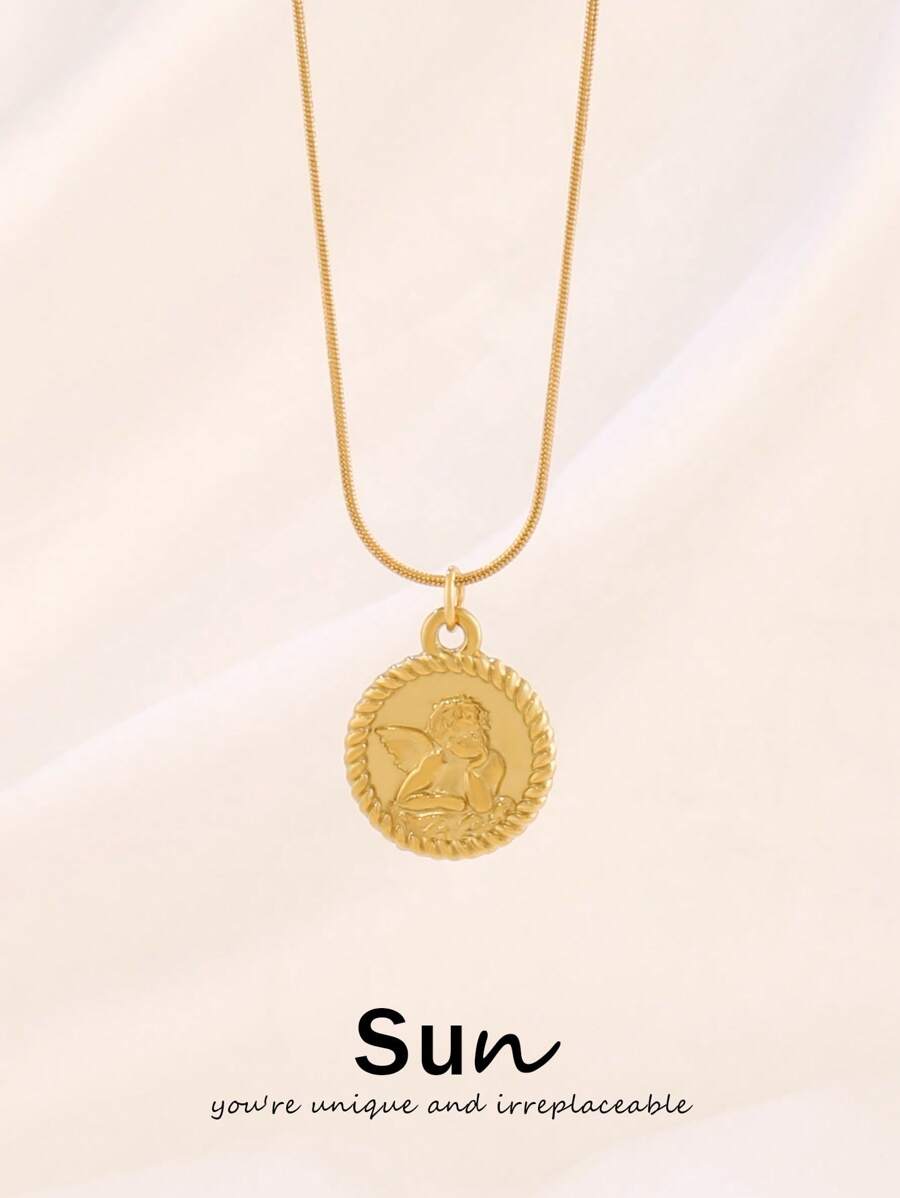 1pc Stainless Steel Angel Pendant Necklace For Women Fashion Exquisite 18K Gold Plated Coin Charms Chain Necklaces Jewelry