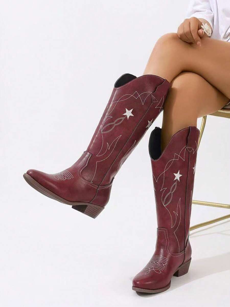 Women's Mid-Calf Western Style Boots With V-Cut Embroidered Printed Decor, Pointed Toe Chunky Heels, Over-The-Knee Cowboy Boots, Burgundy