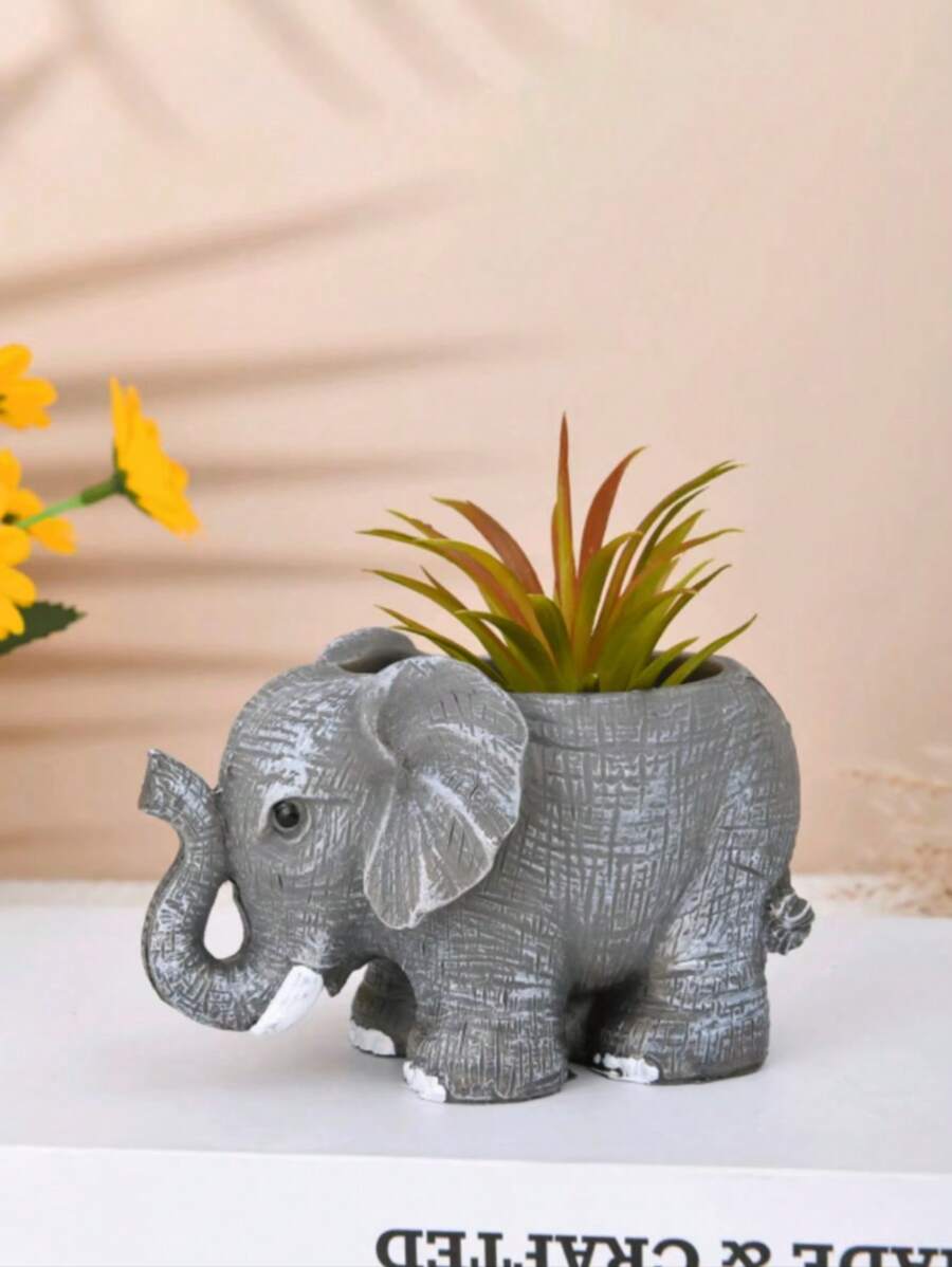 1pc Simple Outdoor Gardening Creative Succulent Planter, Elephant Shaped Resin Desktop Potted Plant Decor