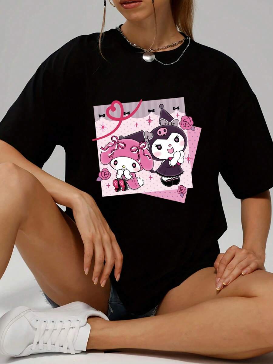 Sanrio Sanrio Kuromi And My Melody Friendship - Pink Themed Adorable And Charming - Style Casual Soft Short Sleeve Pure Cotton 220gsm T - Shirt