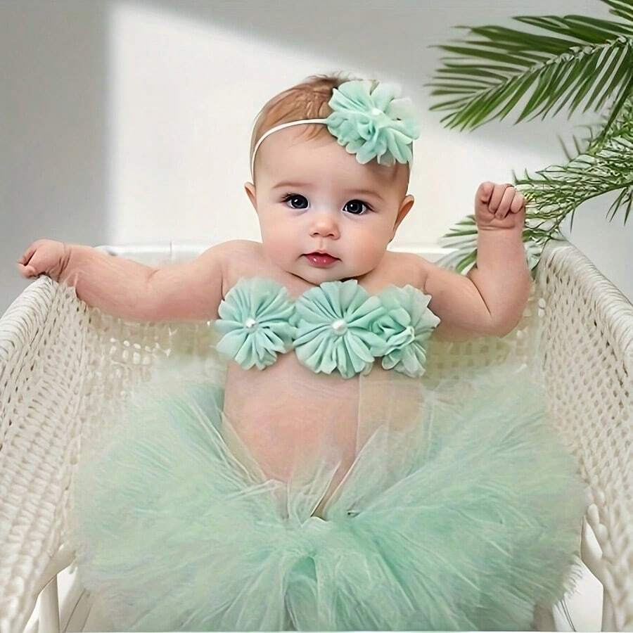 Conjunto de Saia Tutu e Faixa de Cabeça para Bebês Recém-Nascidos, Faixa de Chiffon com Flor, Faixa de Renda para Bebê e Criança Pequena, Acessório de Fotografia