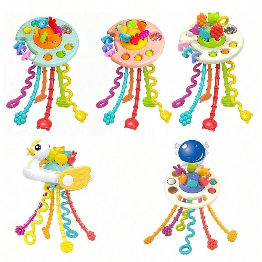 Juguete de silicona con cordón para tirar, juguete Montessori para bebé, juguete sensorial para bebé, juguete de silicona para niños, juguete multifuncional, juguete de baño con cordón para tirar para viajes, regalo de cumpleaños para niños y niñas (color de los accesorios aleatorio)