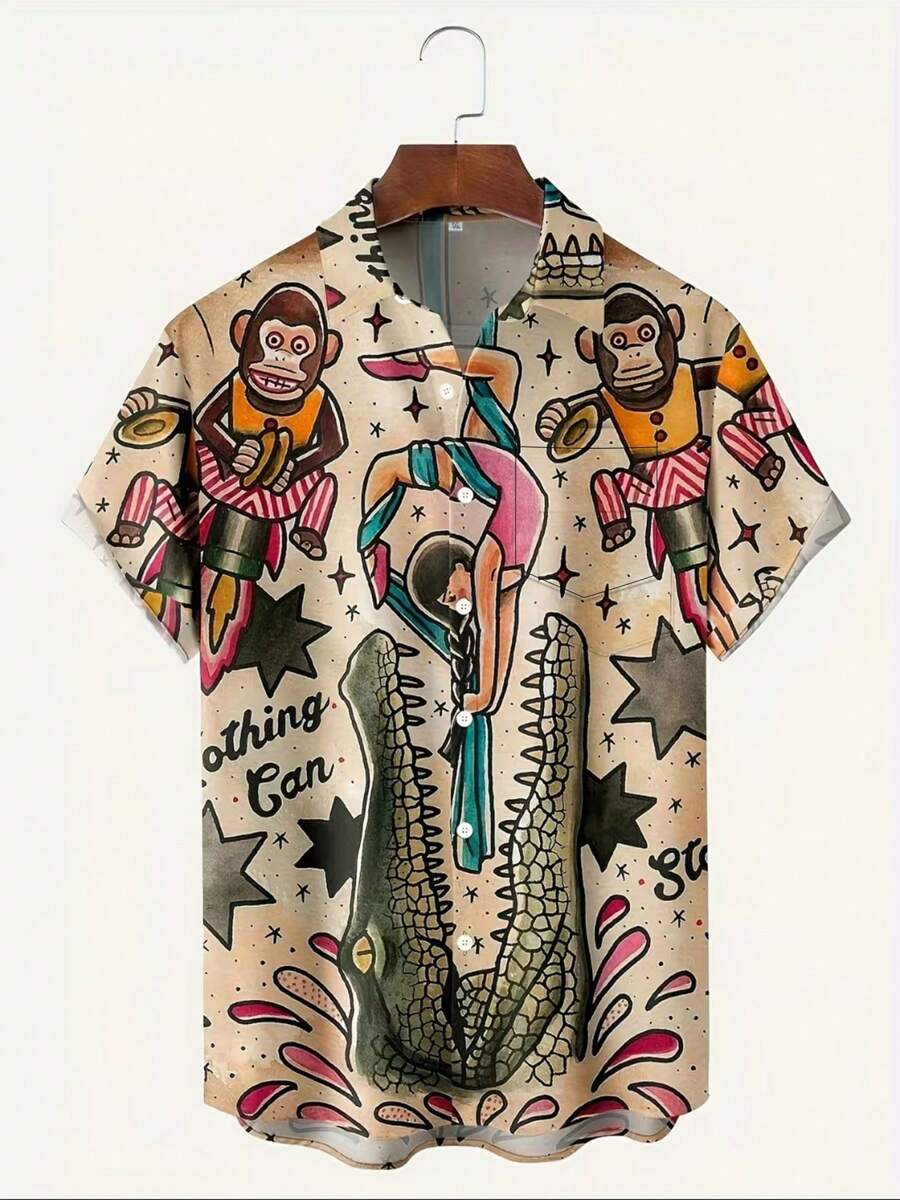 Plus Size Men's Cartoon Monkey Print Casual Single-Breasted Shirt, Summer