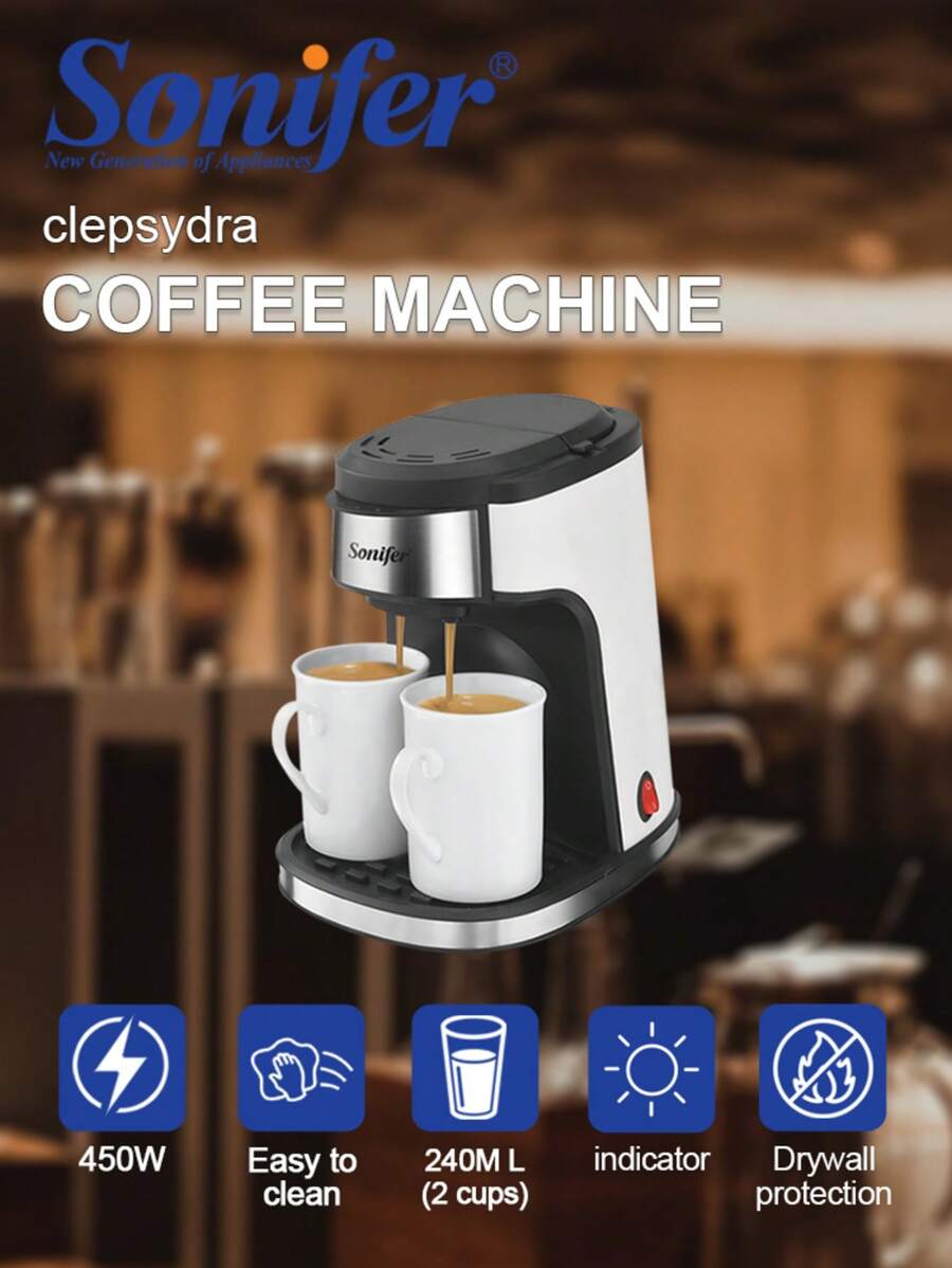 SONIFER Sonifer Tropf-Kaffeemaschine für 2 Tassen (ca. 240ml), beinhaltet zwei Porzellanbecher, Ein/Aus Schalter mit Kontrollleuchte, herausnehmbarer und waschbarer Filter und Filterhalter, rutschfeste Füße, beinhaltet Kaffee-Plastiklöffel, AC 220-240V 50/60Hz, 450W, ideal für den Heim- und Bürogebrauch