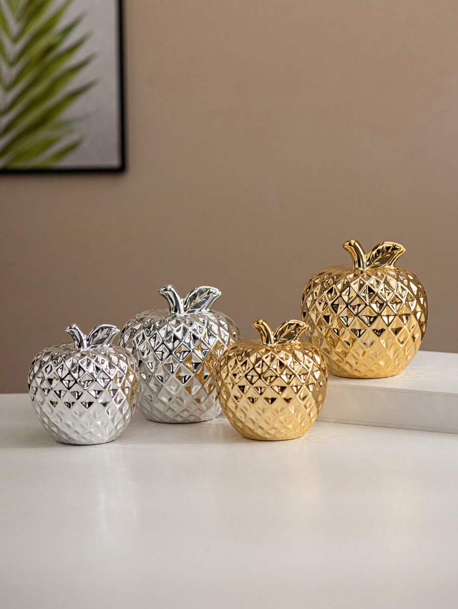 1 Peça Ornamento Cerâmico em Formato de Maçã, Cor Dourada/Prateada, Estilo de Luxo, Artesanato Eletroplantado, Adequado para Cozinha, Mesa, Escritório, Casa, Sala de Estar, Quarto, Decoração de Festa