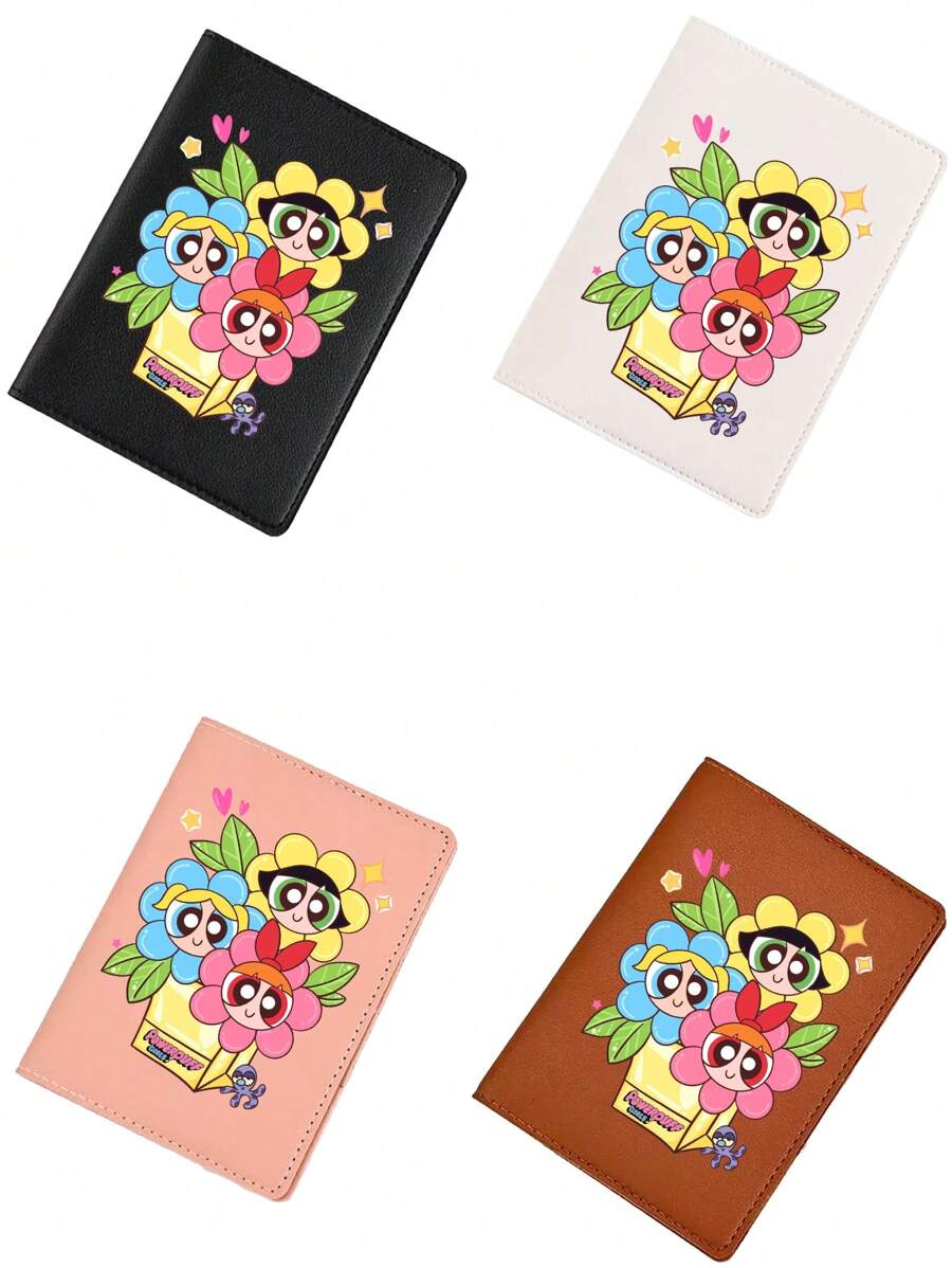 THE POWERPUFF GIRLS Cartoon Flying Female Police Passport Holder, Large Capacity PU Leather Passport Cover, Multi-Function Multi-Card Passport WalletFor Travel For Flight For Back To School Lightweight