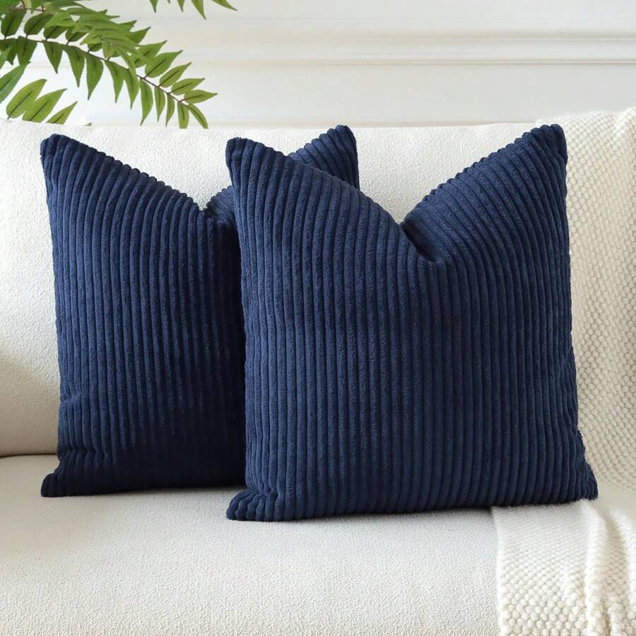 Conjunto de capa de almofada decorativa de 1/2 peças, estampa listrada de veludo cotelê azul-marinho, adequado para sofá, sala de estar, decoração de escritório