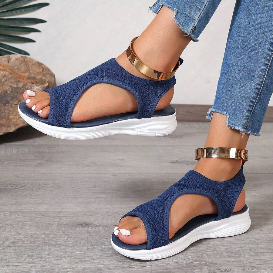 Sandalias deportivas de punto, sandalias con suela gruesa en blanco y negro, sandalias de estilo bohemio de retazos con diseño hueco para vacaciones, calzado casual de suela blanda para playa y verano para mujeres