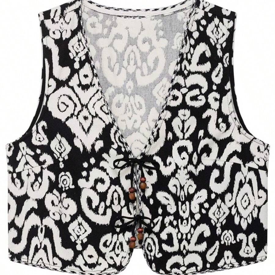 ZEVITY Women's Allover Print Sleeveless Tie Front Casual Top