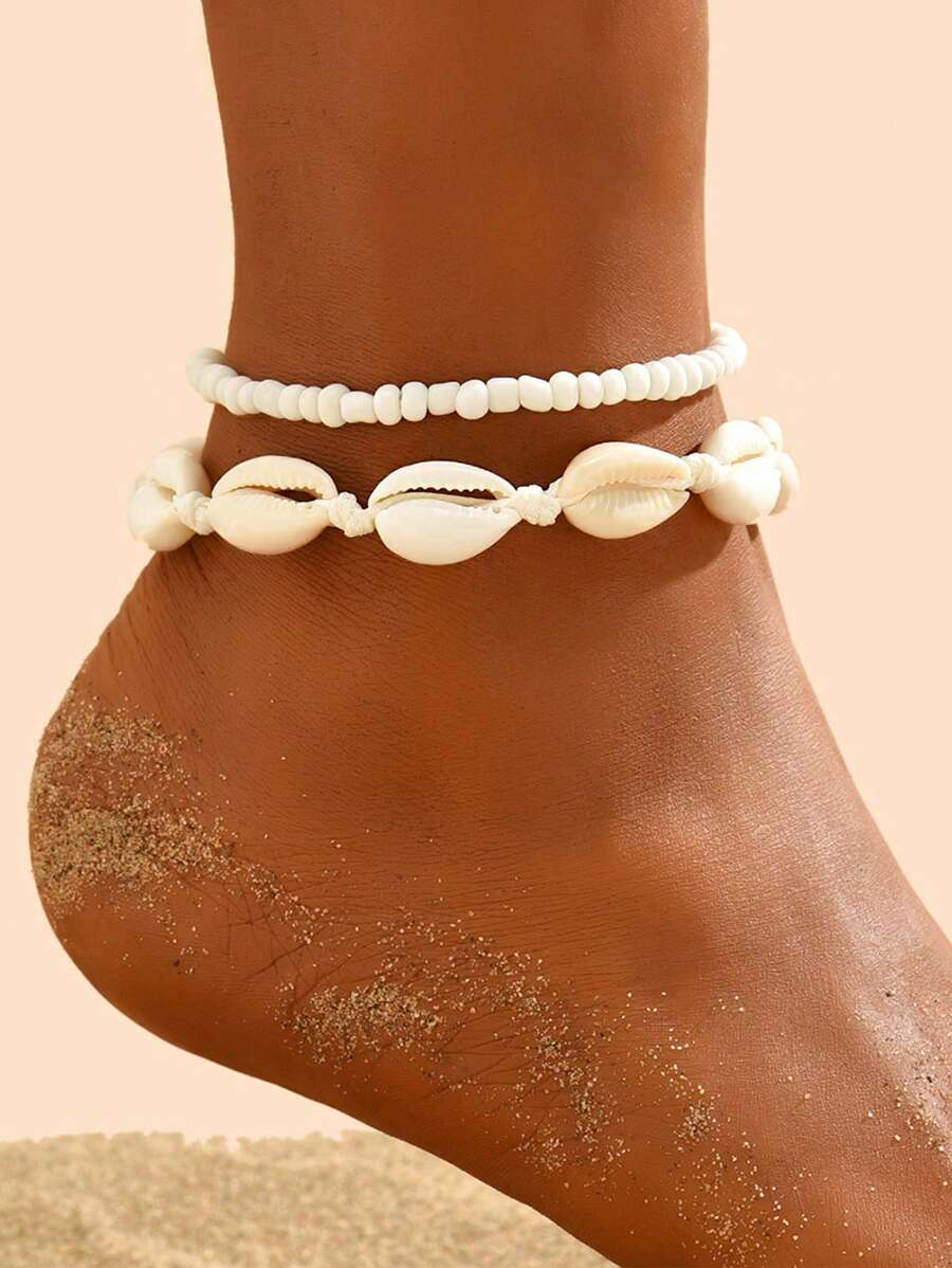 2 pezzi Cavigliere da spiaggia in stile bohémien con conchiglie e perline, catene per caviglia bianche regolabili fatte a mano con motivo a conchiglia, perfette per vacanze al mare, gioielli casual per il piede