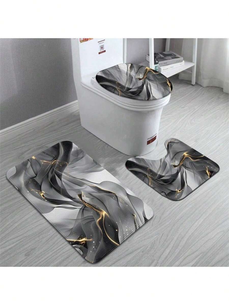 1/3pcs Modern Home Grey Ink Print Bath Mat Set, Flannel Bathroom Toilet Seat Cover, Anti-Slip Absorbent Soft Thickened Bathroom Mat Carpet With U-Shaped Toilet Seat Cover & Lid Cover