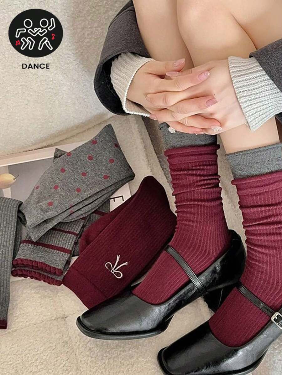 5 Pairs Grey Knitted Thigh High Socks, Women Ribbed Mid-Calf Socks