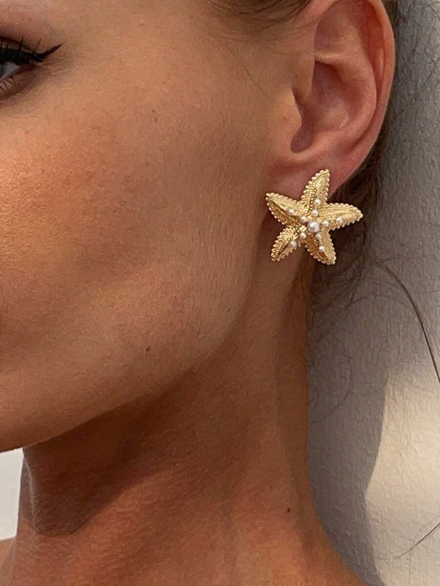 1 Pair Unique Ocean Style Faux Pearl & Star Stud Earrings, Suitable For Vacation, Party And As Gift