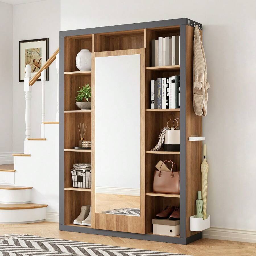 Appendiabiti con specchio, armadio multifunzionale con libreria e vetrina, porta abiti con vaschetta raccogligocce, ganci e grucce – 180x40x200 cm – Pratica soluzione di contenimento dal design elegante per l'ingresso, la camera da letto o la zona spogliatoio – Look intramontabile bianco o rovere naturale