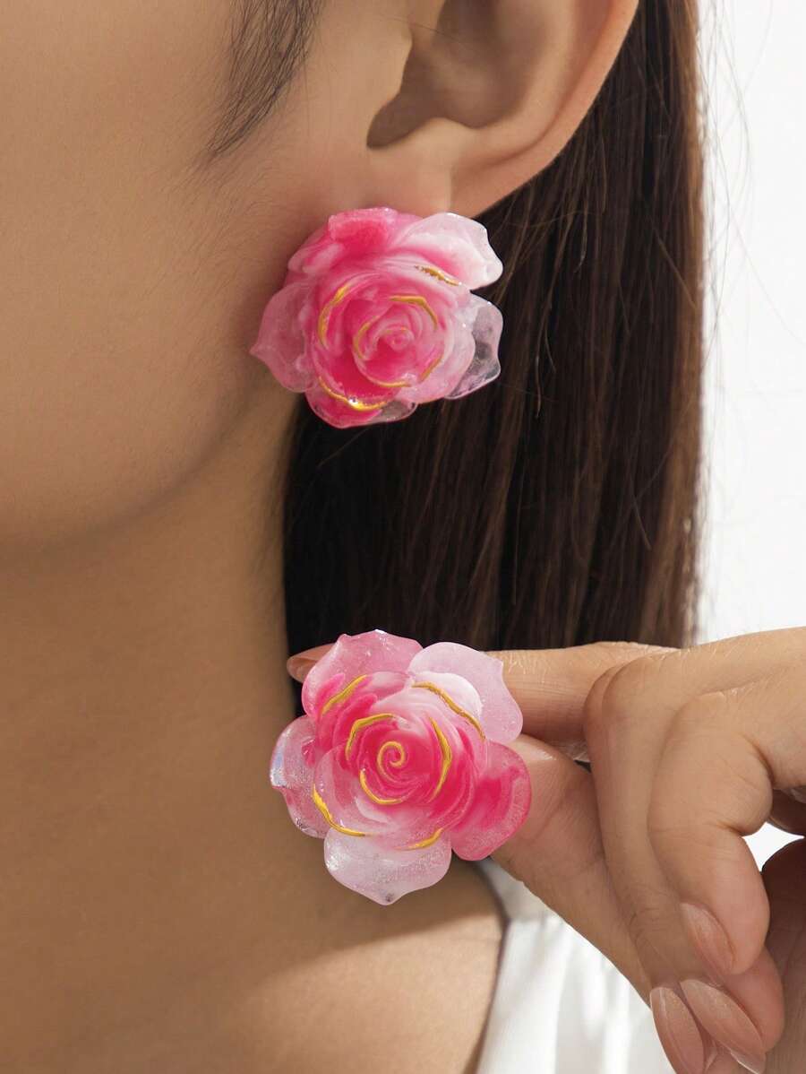 1 Pair Summer Refreshing Dopamine Beach Ombre Rose Stud Earrings For Women, Romantic Wedding/Date Gift, Suitable For Everyday Wear/Couple Gift