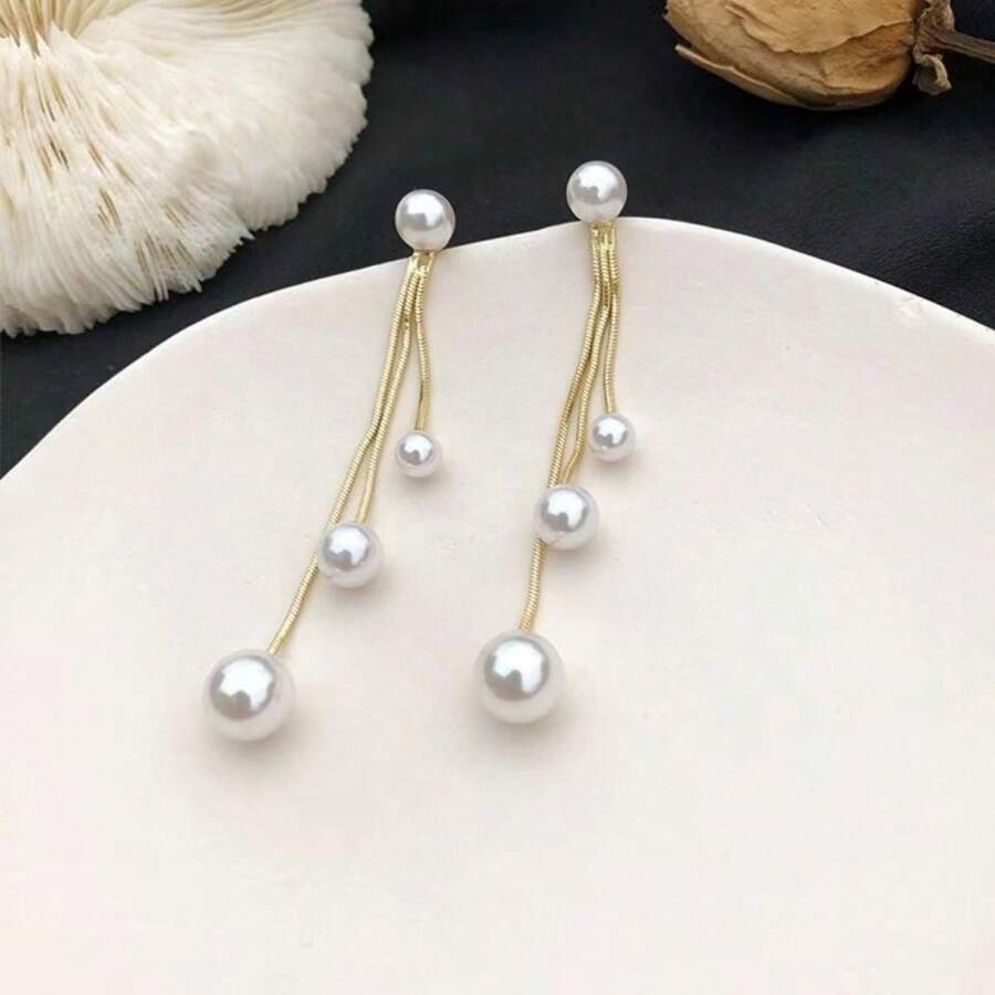1 pieza de aretes de cadena con perla y borla de estilo minimalista y vintage, aretes elegantes de moda para mujer, aptos para boda, regalo de dama de honor, perla blanca