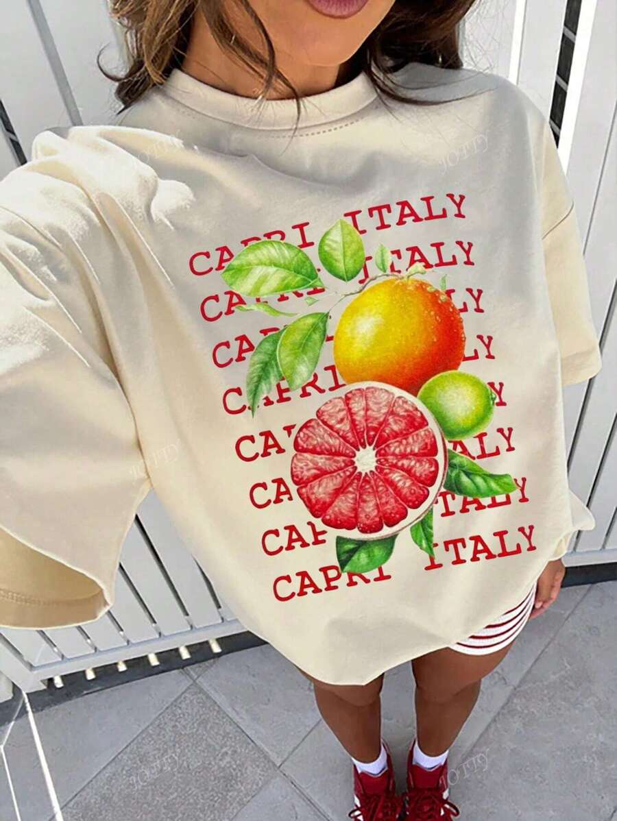 T-shirt casual da donna con scollo rotondo e maniche corte, con motivo a frutta, outfit estivo per uscire, Capri Italia