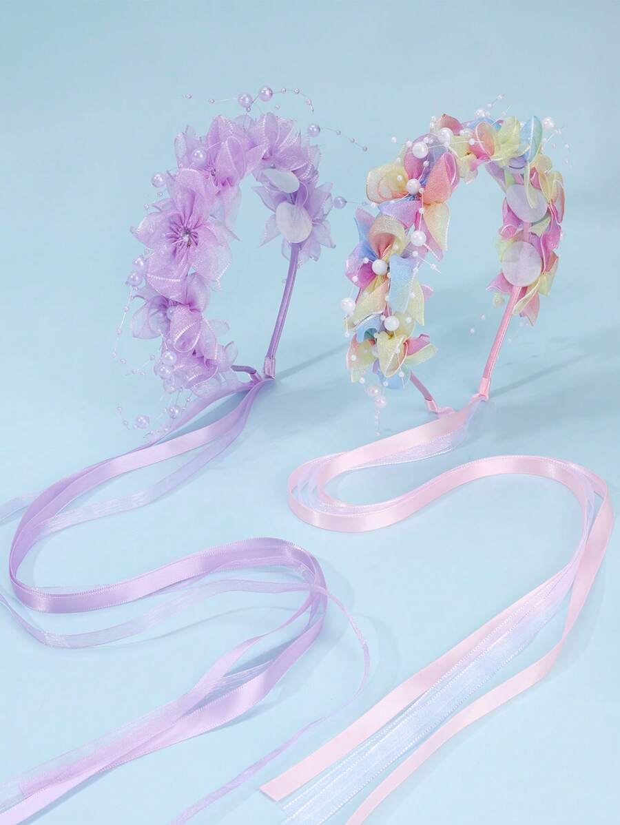 2pcs Purple/ Gradient Flower Heanband,Mesh Pearl Chain Hair Band Hair Accessories For Girls Kids
