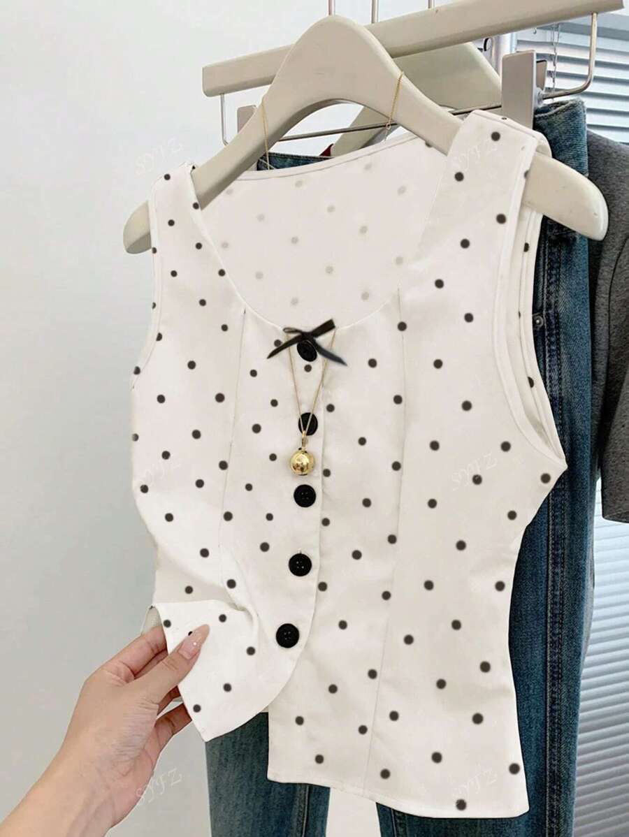 Women's Elegant Casual Black & White Polka Dot Bow Decor Button Front Camisole Tank Top, Summer All-Match Versatile Design