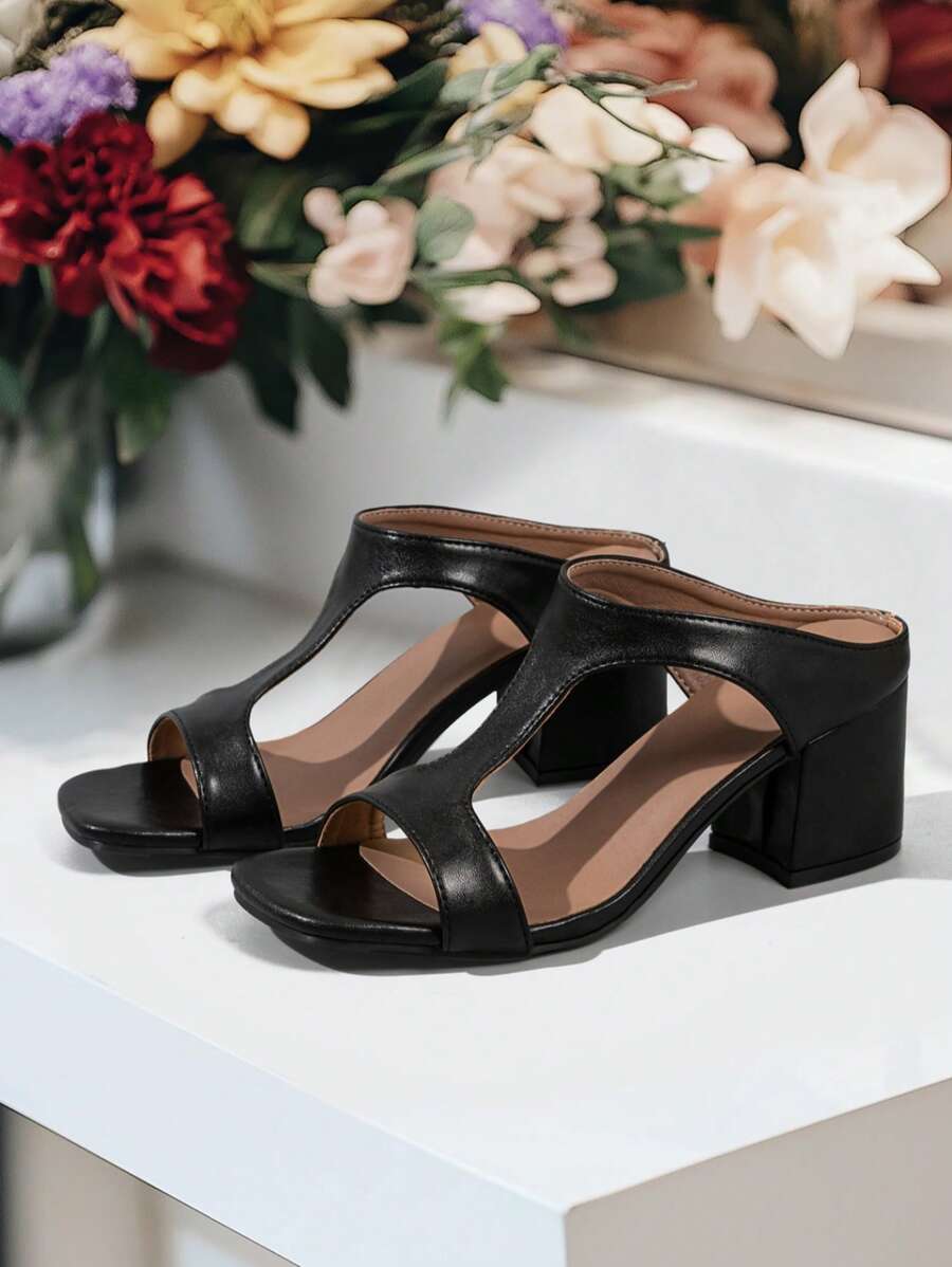 Sandalias de tacón grueso con tira en T y sandalias de tacón alto con punta cuadrada para mujer