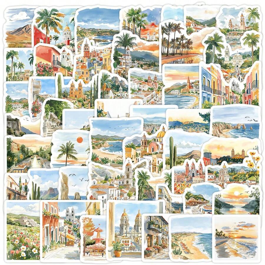 50pcs Watercolor Mexico City Graffiti Vinyl Stickers, Can Be Used For Decorating Luggage, Skateboards, Tablets, Laptops, Cups, Walls, Fridges, Cars, Helmets, Photo Albums, Journals And Other Daily Items, Suitable For Adults And Teenagers School Supplies,Back To School