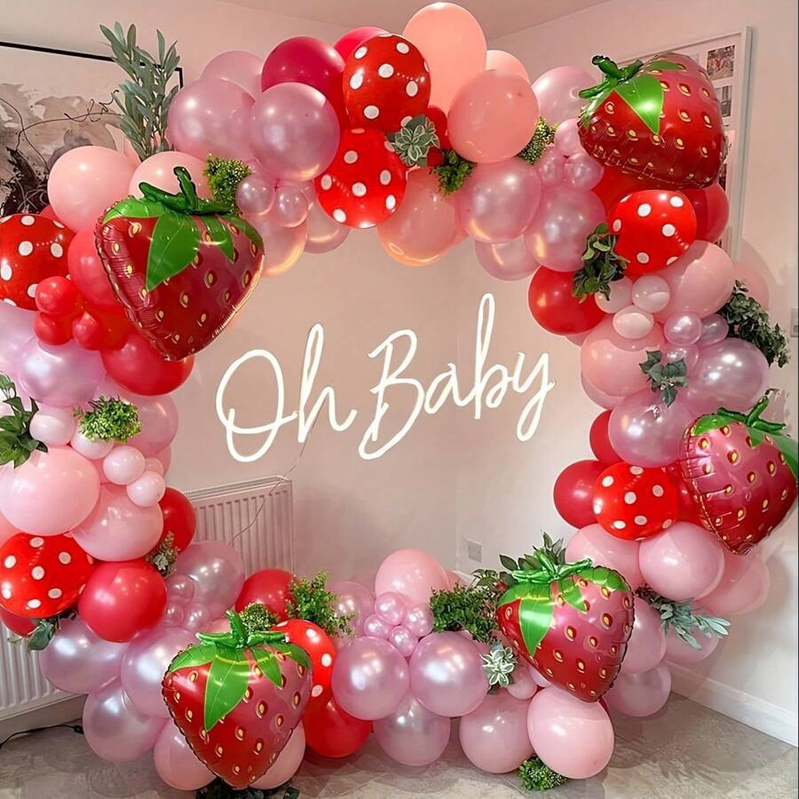 128 Teile Set, Erdbeeren Party Deko Ballon Girlande Bogen Set, rot, hellrosa, orange Ballons, Erdbeeren Folienballon, geeignet für Erdbeeren Geburtstags-, Hochzeits-, Jubiläums- oder Verlobungsparty