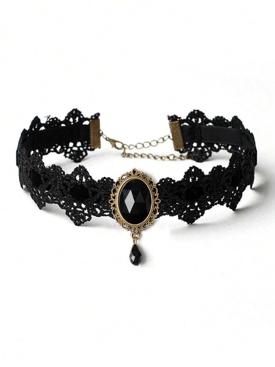 1 pièce Collier ras-du-cou gothique vintage incrusté de pierres précieuses en dentelle noire, accessoire de mode unique et charmant pour femmes