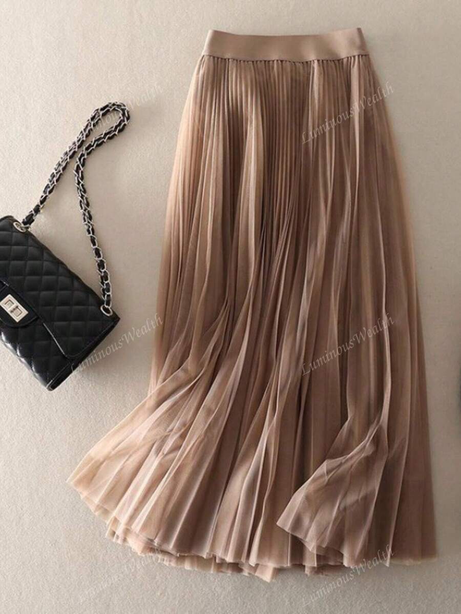 Falda plisada y elegante de malla A-line para mujer, adecuada para uso casual u oficina, minimalista y sofisticada | Falda de malla de poliéster