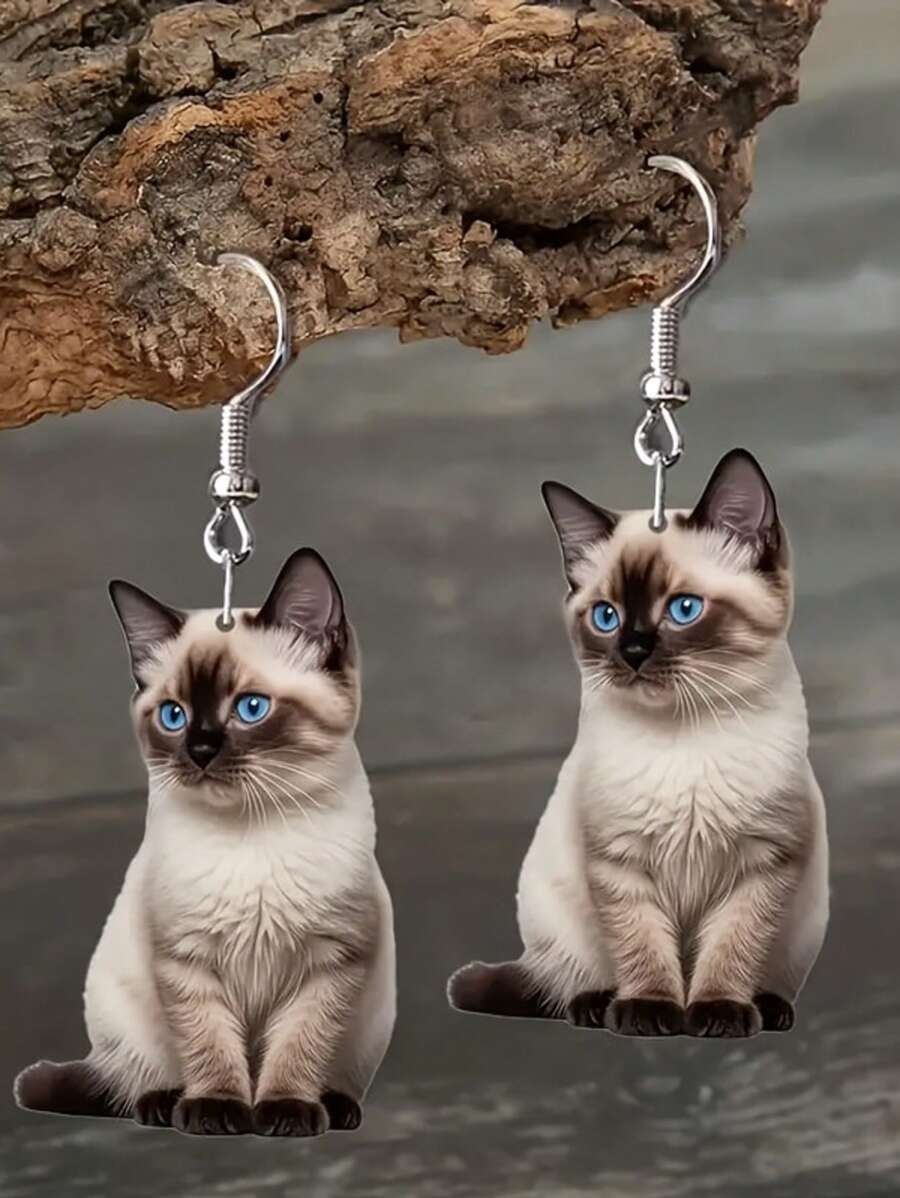 2D Flat, 2D Charming Siamese Cat Acrylic Dangle Earrings - Cute Party Accessories, Perfect Gift For Cat Lovers, Ideal For Christmas And Thanksgiving, Cute Earring