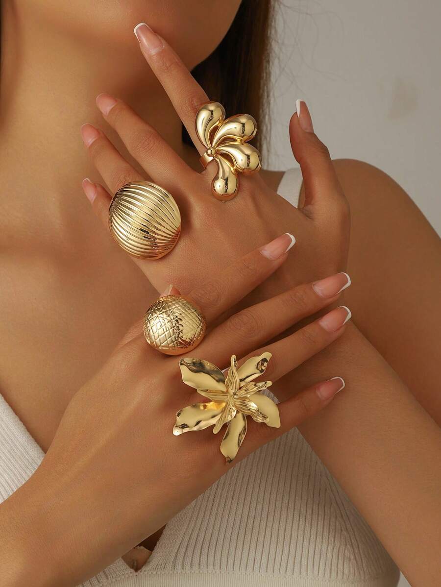 1 pieza Anillo minimalista con patrón floral único de estilo de moneda antigua, de metal liso con diseño geométrico floral en espiral