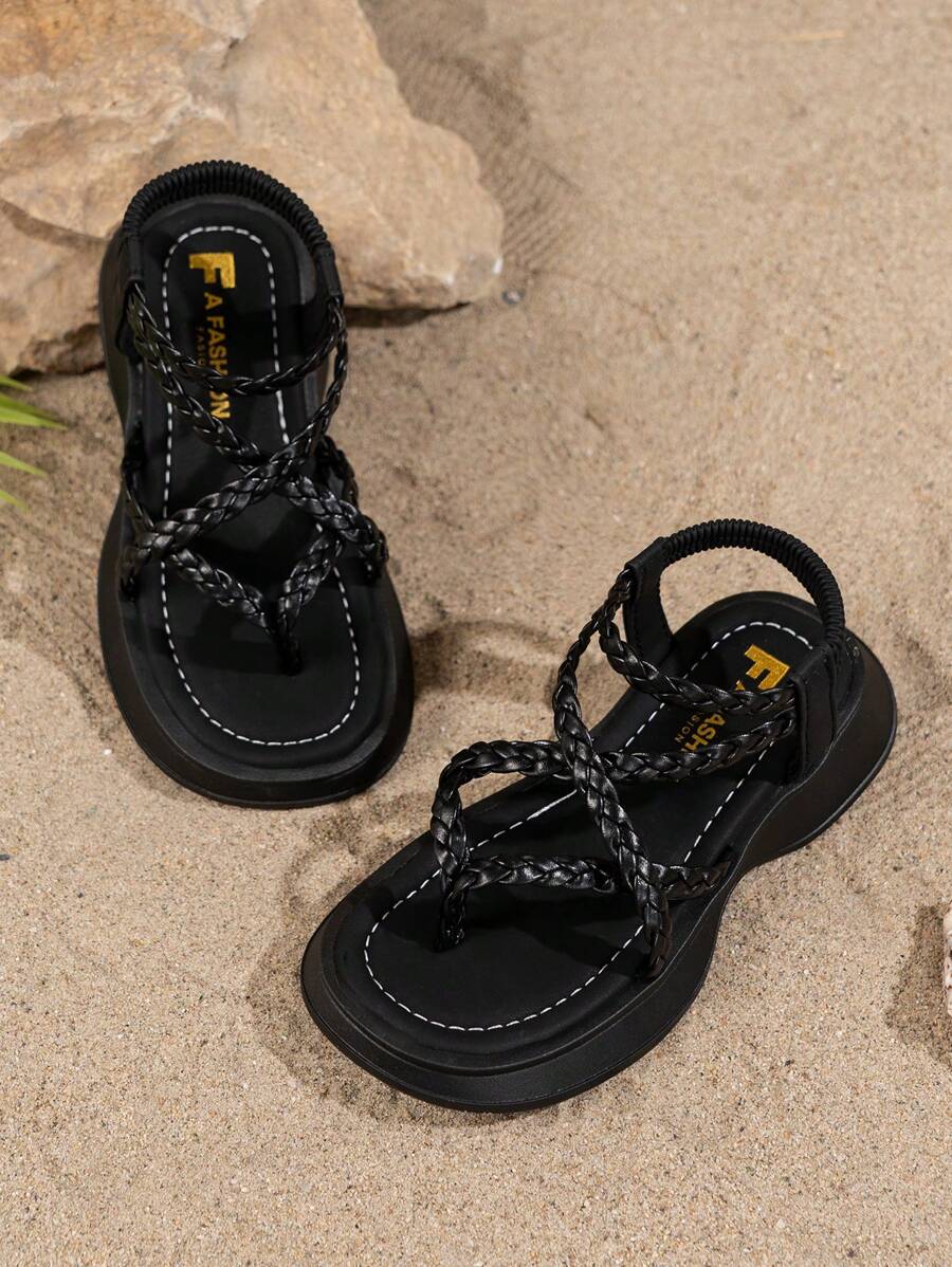 1 Pair Kids Flat Sandals, New Summer Soft-Sole Comfortable Girls Sandals With Hollow Woven Design, Casual Slip-On Beach Vacation Shoes