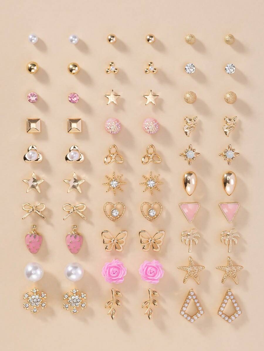 30 Pairs/Set Assorted Metal Faux Pearl Stud Earrings, Cute Minimalist Fashion Designs Including Heart, Rhinestone, Star, Square, Bow, Strawberry, Coconut Tree, Snowflake, Versatile For Daily Wear, Holiday Gift For Women