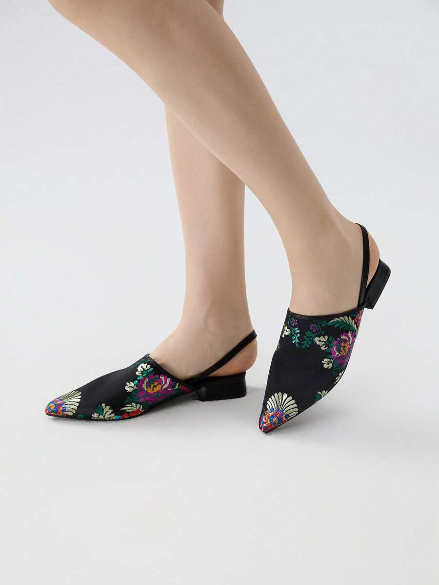 Zuecos de punta fina con bordado para mujer, de tacón plano, para primavera y verano
