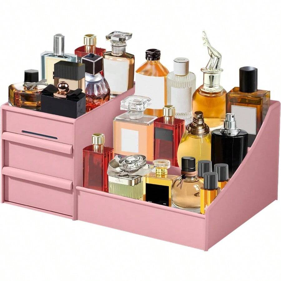 Perfume Organizer For Women Makeup Organizer With Drawers Vanity Display For Dresser Skincare Cosmetic Storage Bathroom Counter Organizer Gifts For Her Pink
