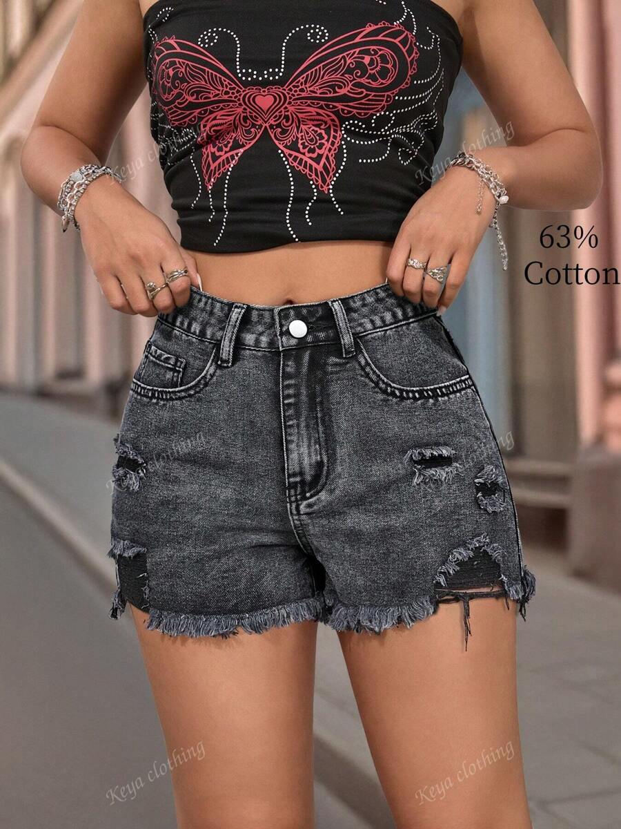Shorts Denim Desfiados Desgastados de Cintura Alta Lavados da Moda