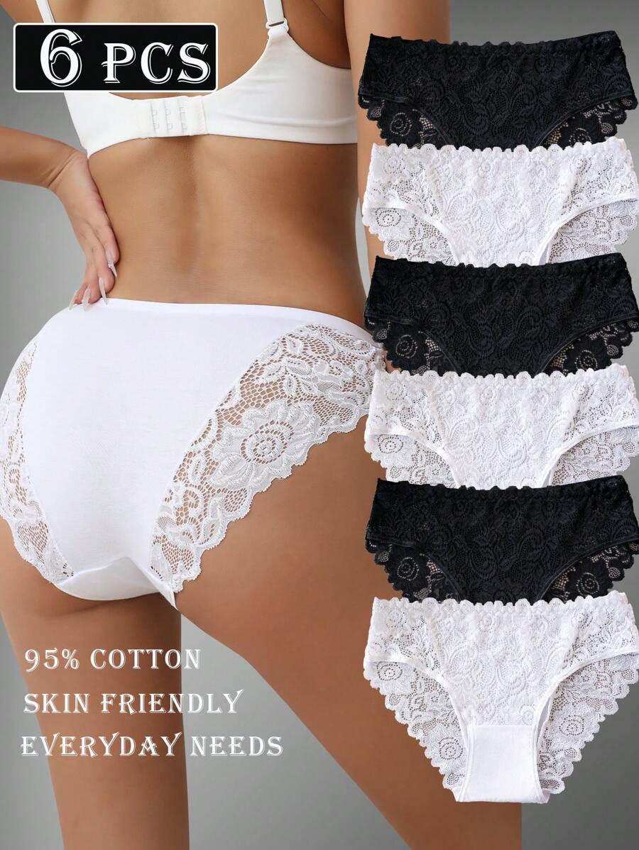 6pcs Elegant Solid Color Panty Lace Trim Briefs Underwear Set For Women