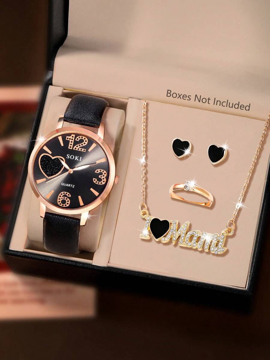 5Pcs/Set Ladies Watch Women's Pu Strap Quartz Watch With Bejeweled Dial And Rhinestone Necklace Earings Rings & Ruby Accessories Gift Set Suitable For Daily Wear, Back-To-School Season, Graduation Season, Thanksgiving, Couples, The Best Gifts Watch Box Not Included