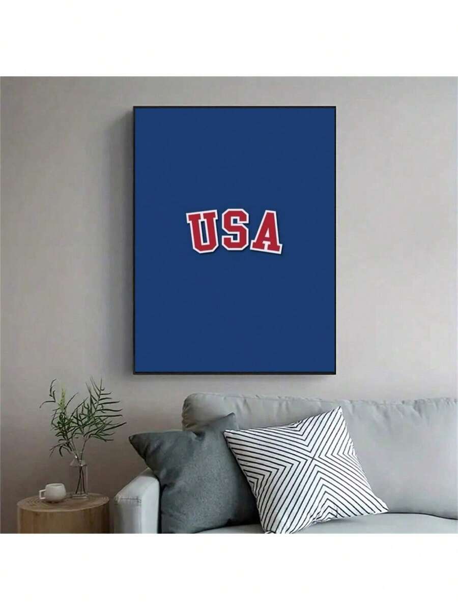 1pc USA Lettering With Blue Backdrop Prints Canvas Painting "Artistic USA Text On Blue Background" Decor For Bedroom ,Living Room ,Office Room ,Wall Decor