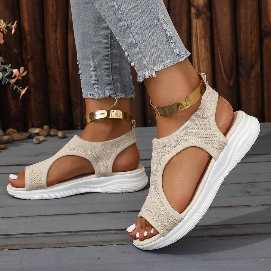 Sandalias deportivas de punto, sandalias con suela gruesa en blanco y negro, sandalias de estilo bohemio de patchwork y calado, estilo casual de vacaciones para mujer, sandalias de playa de verano con suela blanda