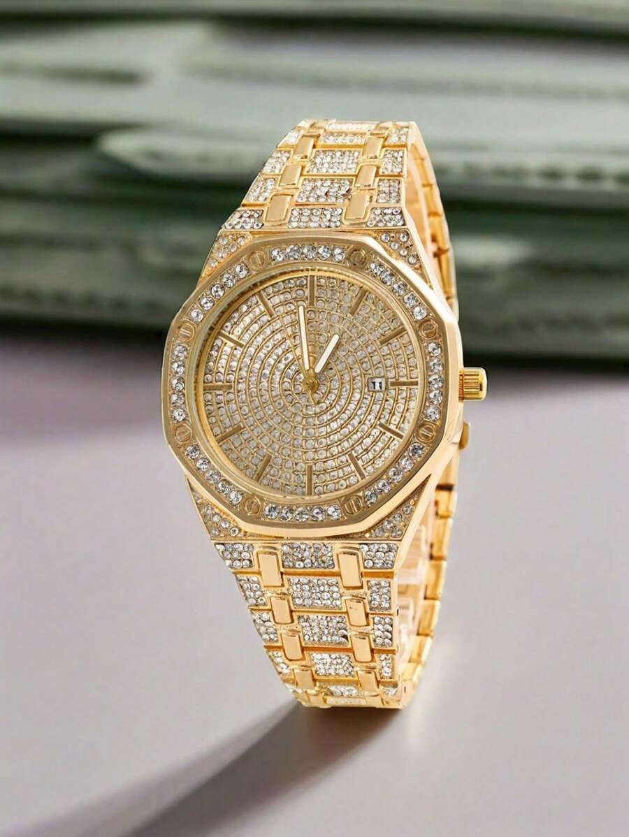 1 Peça Relógio de Quartzo Quadrado Fashionable Masculino com Banda de Aço Inoxidável Decorada com Strass e Calendário