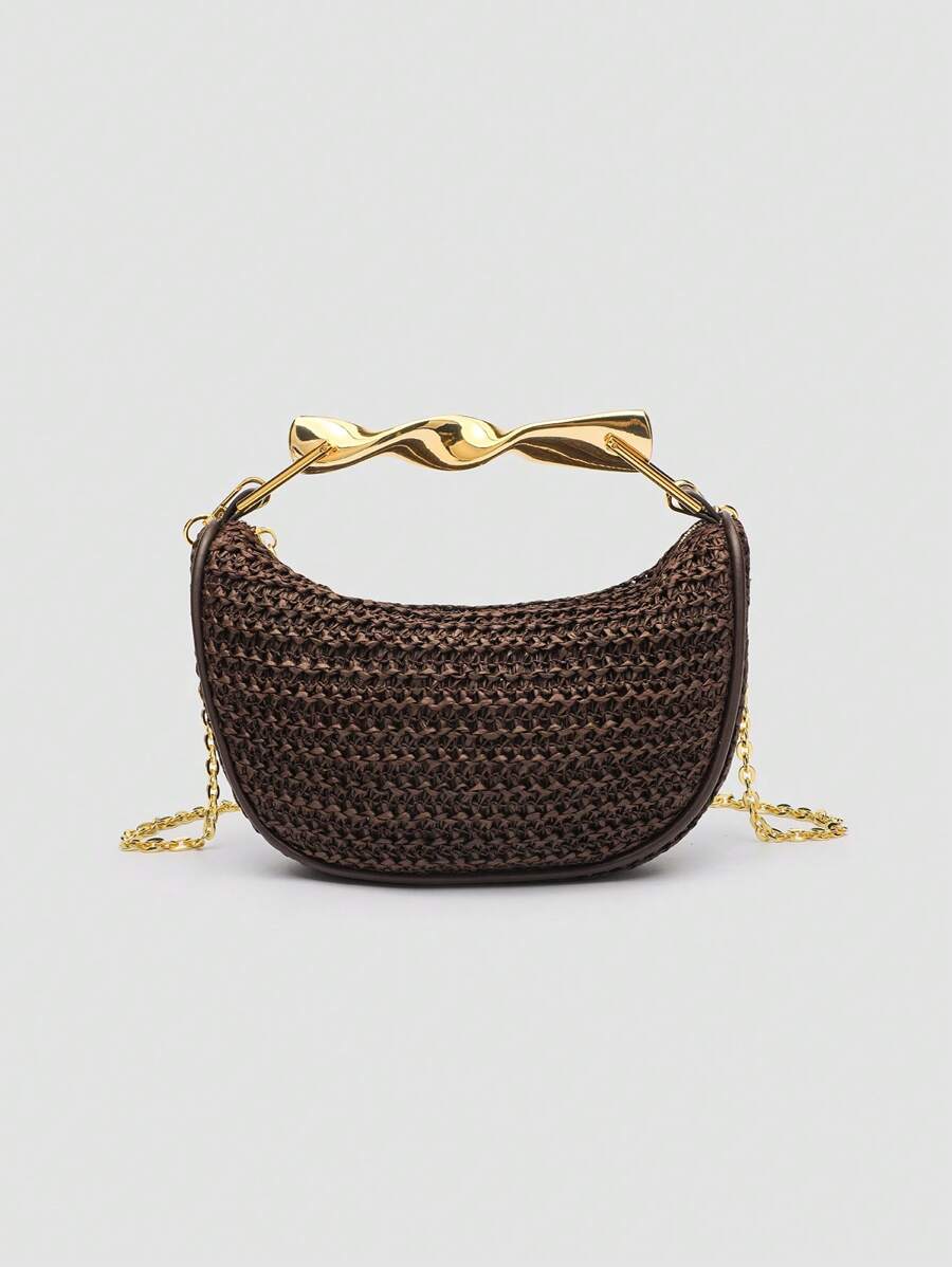 1 pieza Bolso de playa trenzado, nuevo bolso de verano para mujer con asa metálica, mini bolso cruzado con cremallera trenzado, bolso tote casual de paja trenzado, perfecto como accesorio para playa y vacaciones, incluye correa desmontable