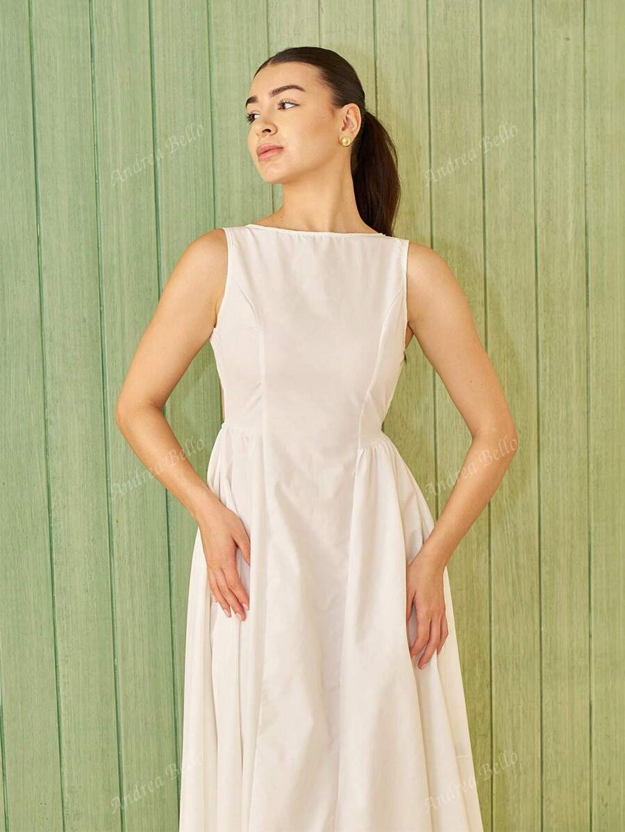 Andrea Bello Women's White Long A-Line Sexy Elegant Waisted Bubble Hem Dress Simple Solid Color Dress Backless Minimalist Sleeveless Midi Dress, Suitable For Work & Vacation And Summer