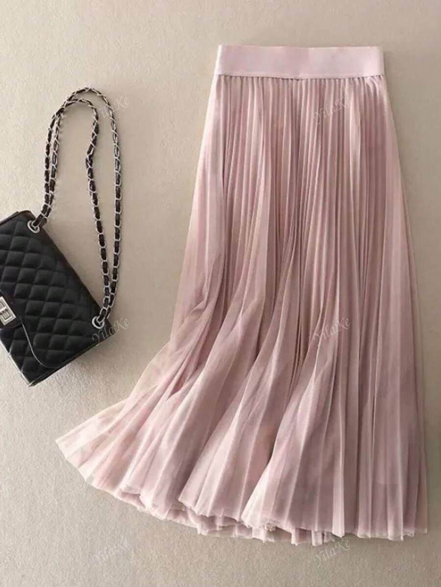 Gonna a pieghe in rete elegante a-line da donna, adatta per uso casual o da ufficio, minimalista e grazioso | gonna in rete di poliestere